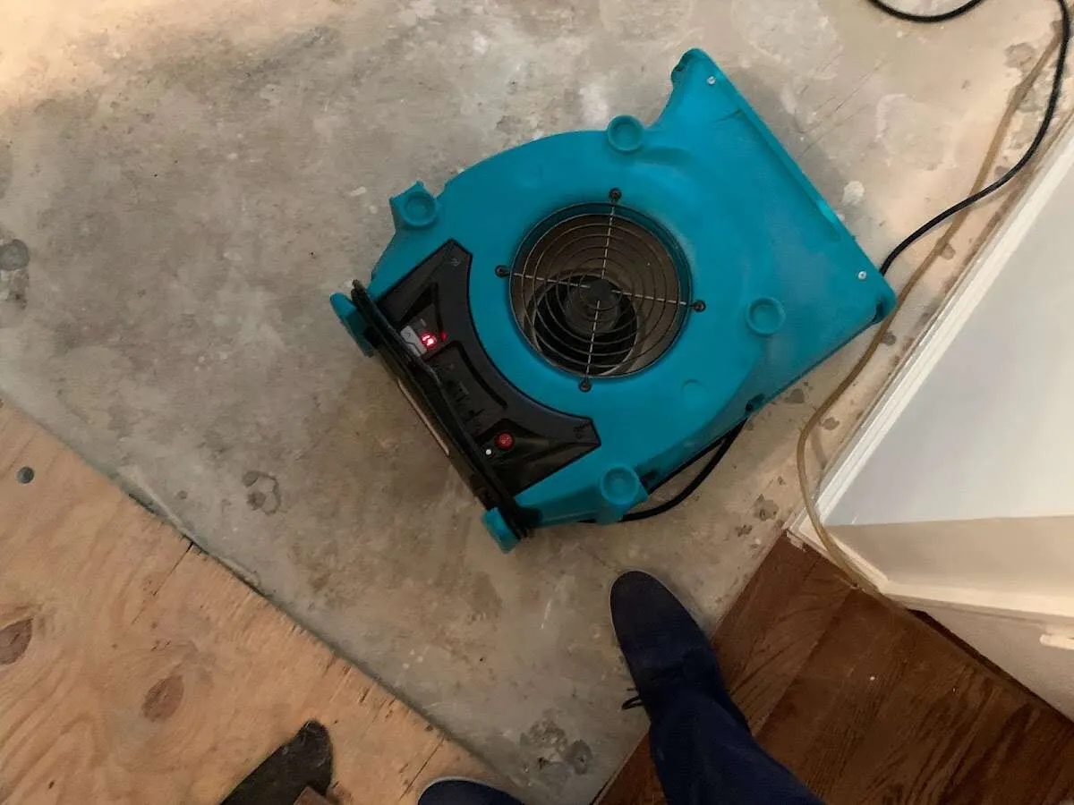 Air mover drying subfloor during Leak Detection & Repair in Weldon Spring