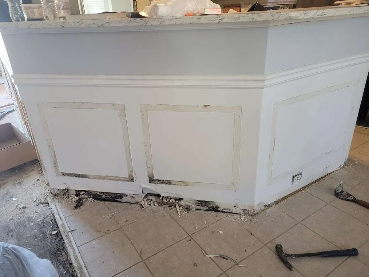 Water damage and mold on kitchen during Storm Damage Restoration in Weldon Spring